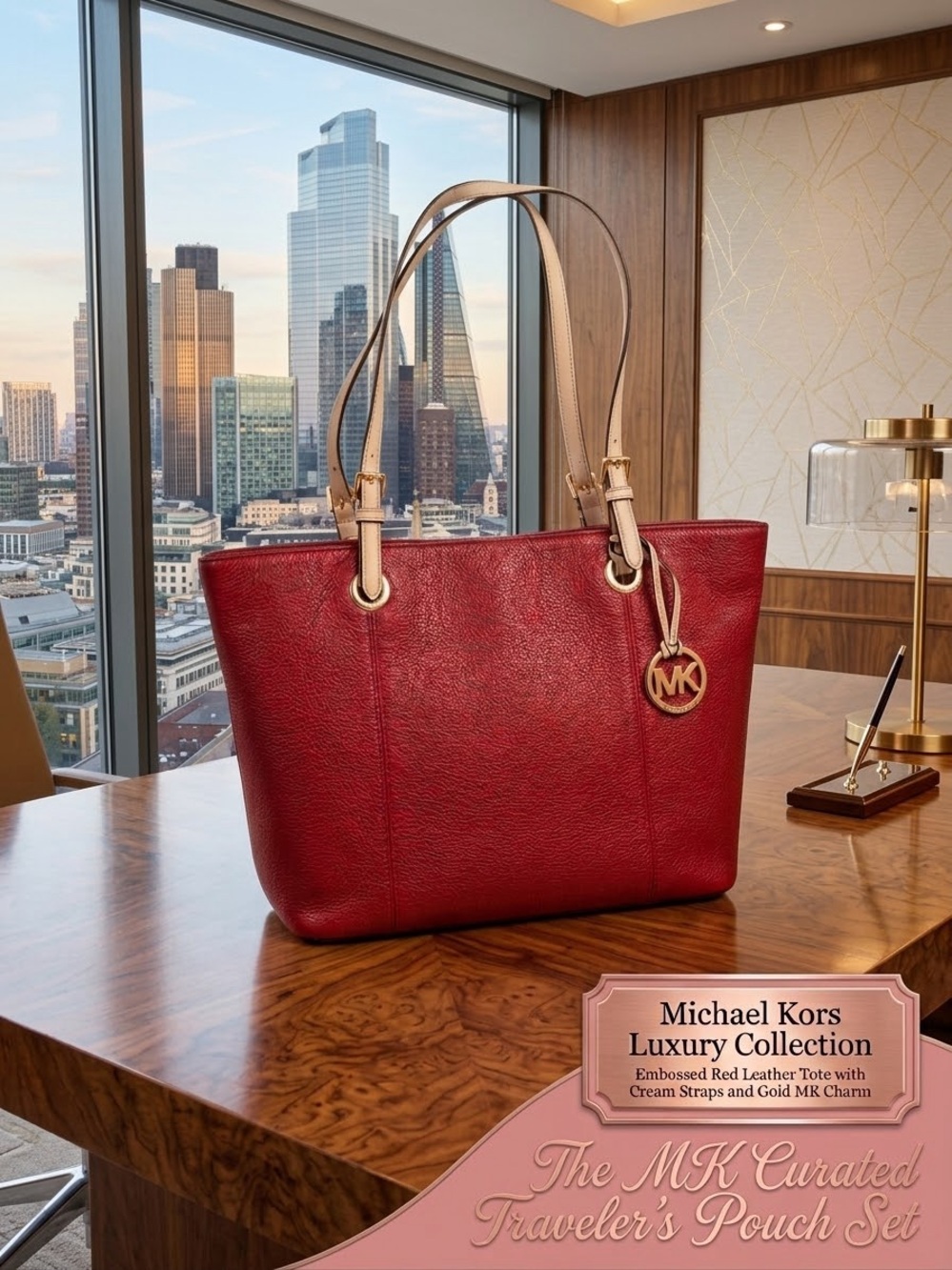 Michael Kors Red Leather Tote with Cream Straps and Gold MK Charm